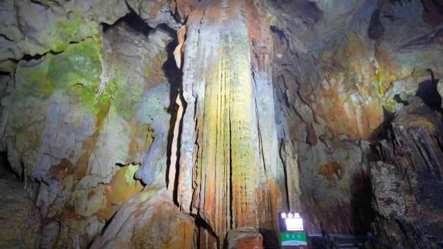 秋芳洞の「黄金柱」:長い年月をかけて石灰分が積み重なってできた、秋芳洞を代表する巨大な石灰華柱。